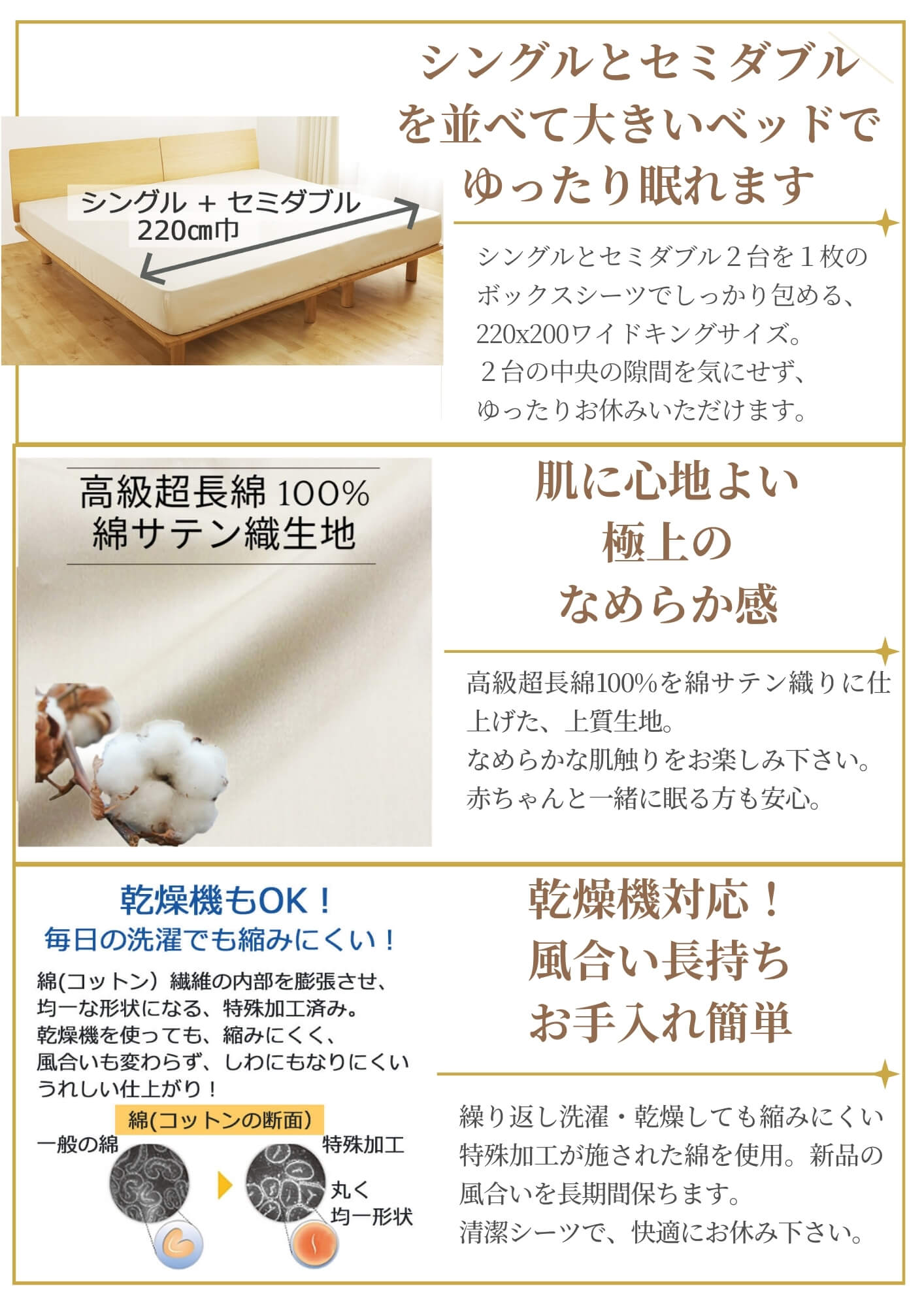 シングルとセミダブルを並べて使えるボックスシーツ