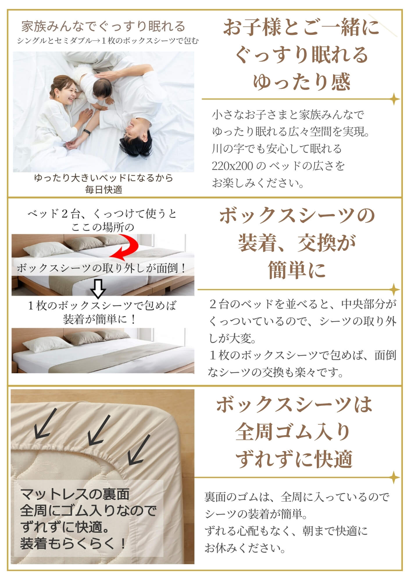 シングルとセミダブルを並べて使えるボックスシーツ