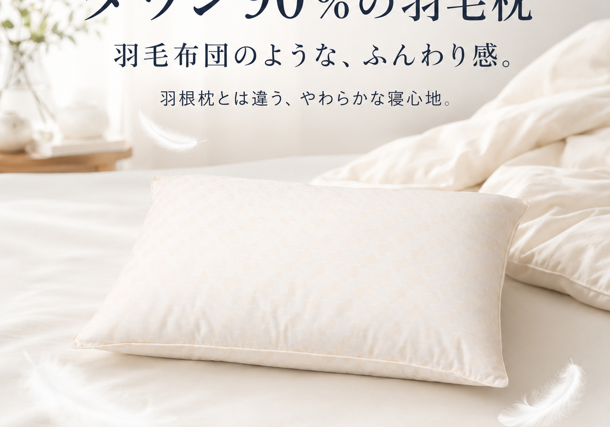 羽毛布団のような、ダウン90％のふんわりやさしく、やわらかで、低めな高級羽毛枕